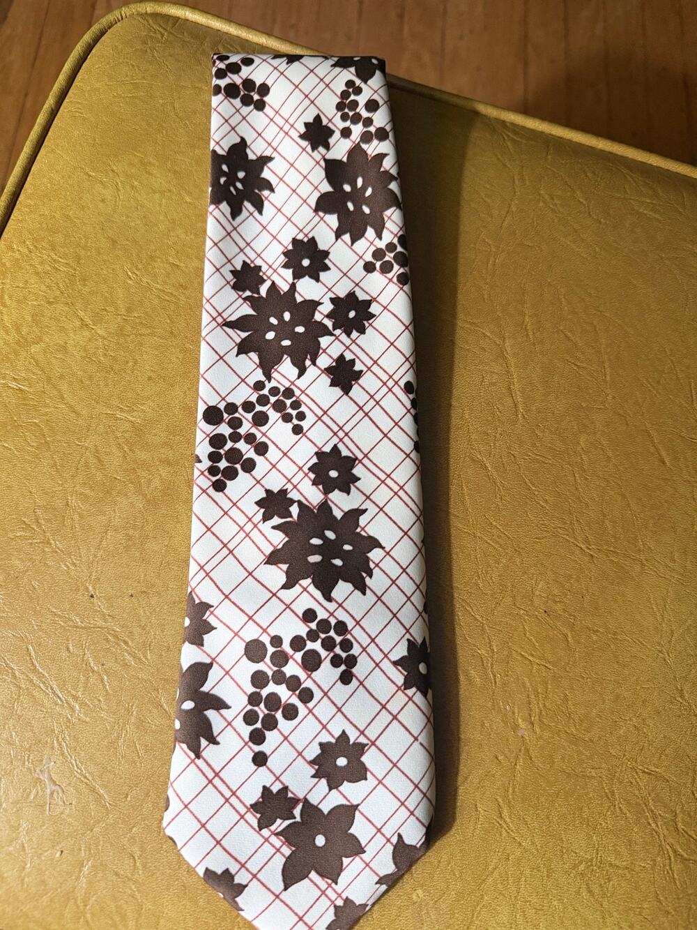 Vintage 70s Sears Wide Tie Brown Floral Grid Print Polyester